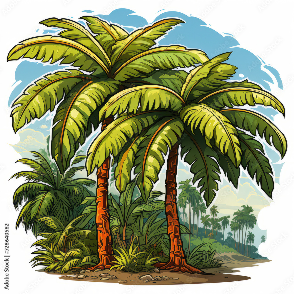 Fototapeta premium Tropical Palm Trees Illustration with Lush Foliage