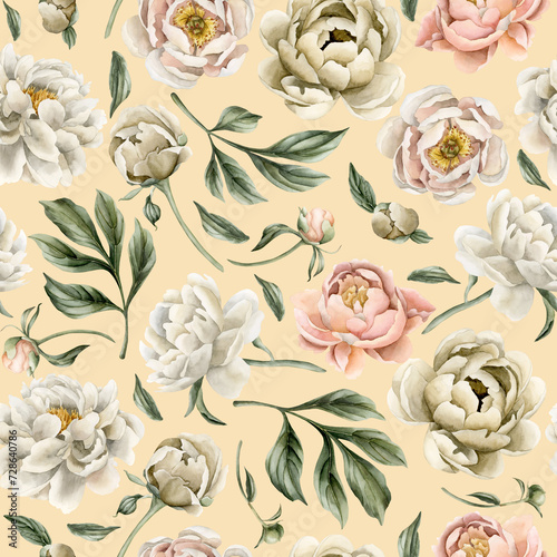 Floral watercolor seamless pattern with white beige and peach fuzz peony flowers, buds and green leaves on light pink