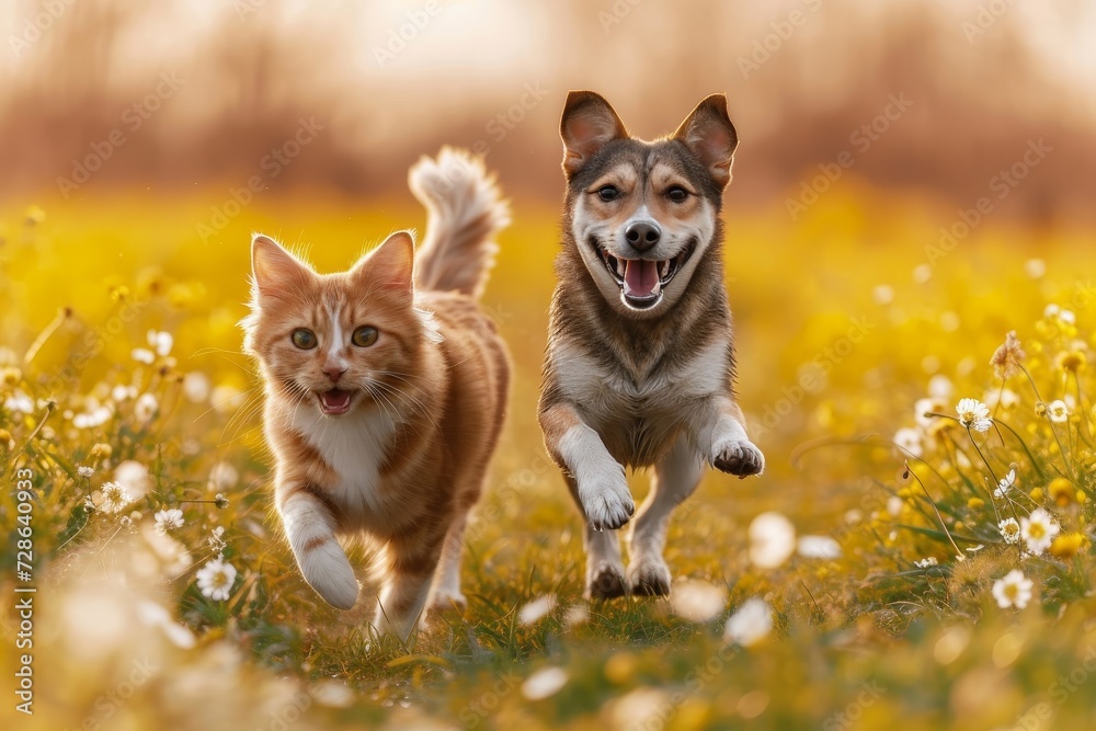 An energetic dog and curious cat playfully chase each other through a vibrant field of flowers, basking in the warmth of the sun and the freedom of the great outdoors An energetic dog and curious cat playfully chase each other through a vibrant field of flowers, basking in the warmth of the sun and the freedom of the great outdoors