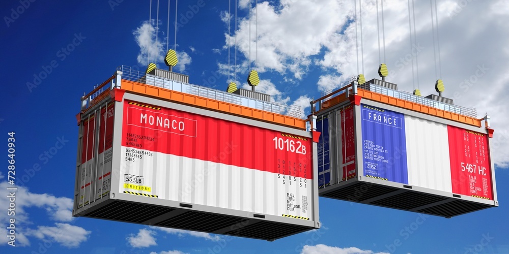 Shipping containers with flags of Monaco and France - 3D illustration