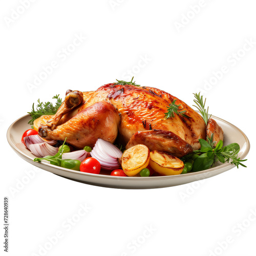 roasted turkey on a platter with vegetables on a transparent background png isolated