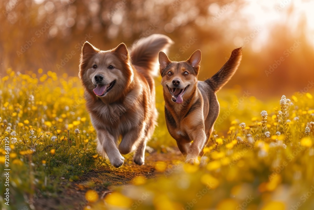 Two canines bound through a vibrant field of sun-kissed blooms, reveling in the freedom of the great outdoors