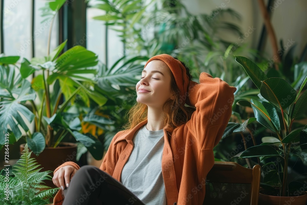 A peaceful woman surrounded by the comforting embrace of nature, eyes closed in serene contemplation while sitting among her beloved houseplants in the warm sunlight streaming through the greenhouse A peaceful woman surrounded by the comforting embrace of nature, eyes closed in serene contemplation while sitting among her beloved houseplants in the warm sunlight streaming through the greenhouse
