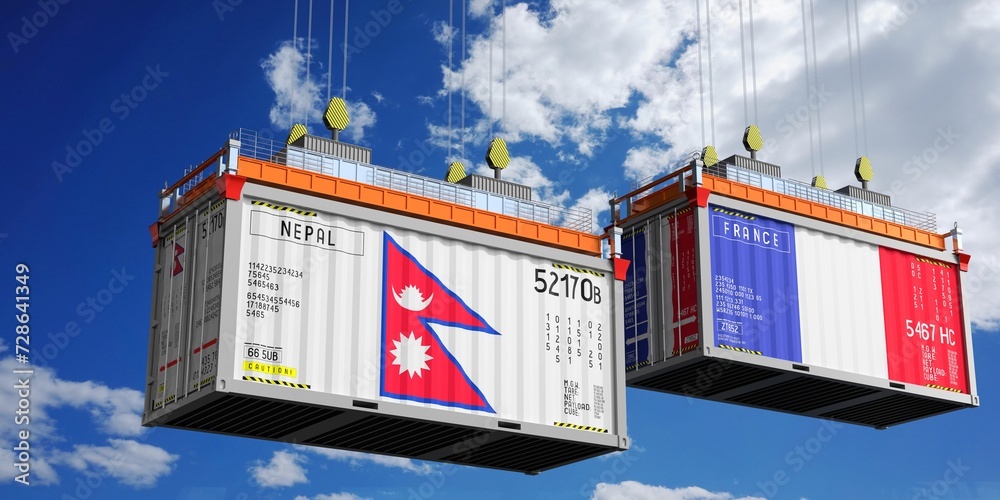 Shipping containers with flags of Nepal and France - 3D illustration
