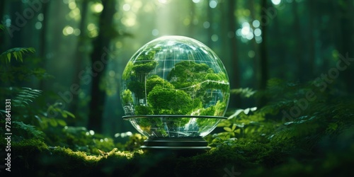 The glass globe is floating over the forest concept  in the style of electronic media  green