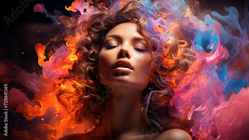 retrato abstracto de fantasía con una mujer en un estilo de doble exposición. Retrato con una colorida salpicadura de pintura digital o una nebulosa espacial.