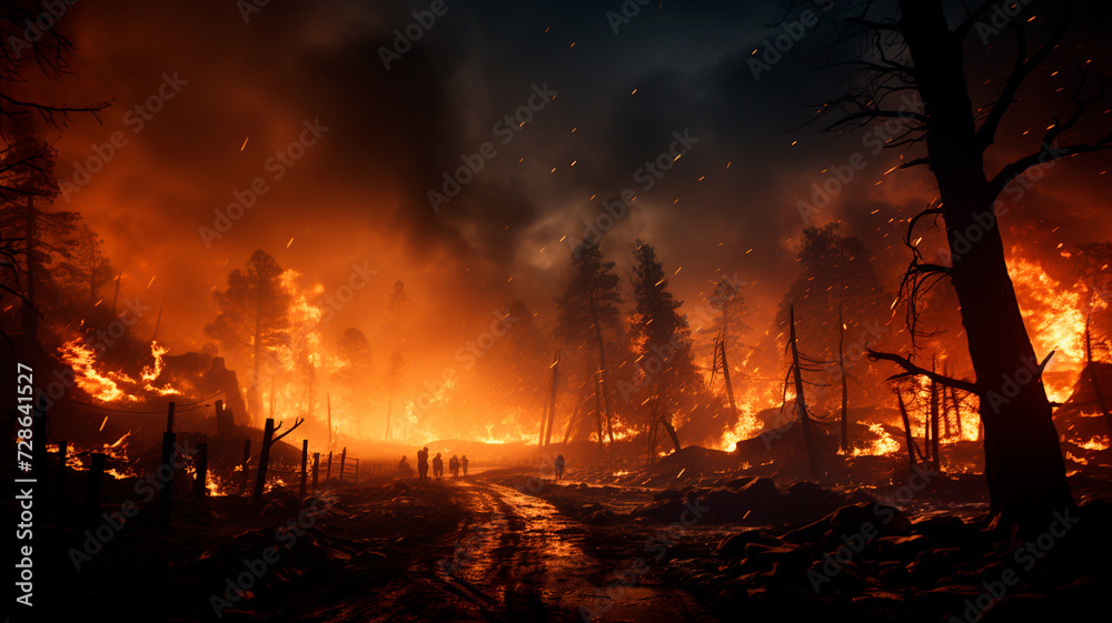 una imagen que representa un incendio forestal con árboles envueltos en llamas, transmitiendo la naturaleza destructiva e intensa del incendio forestal. - obrazy, fototapety, plakaty 