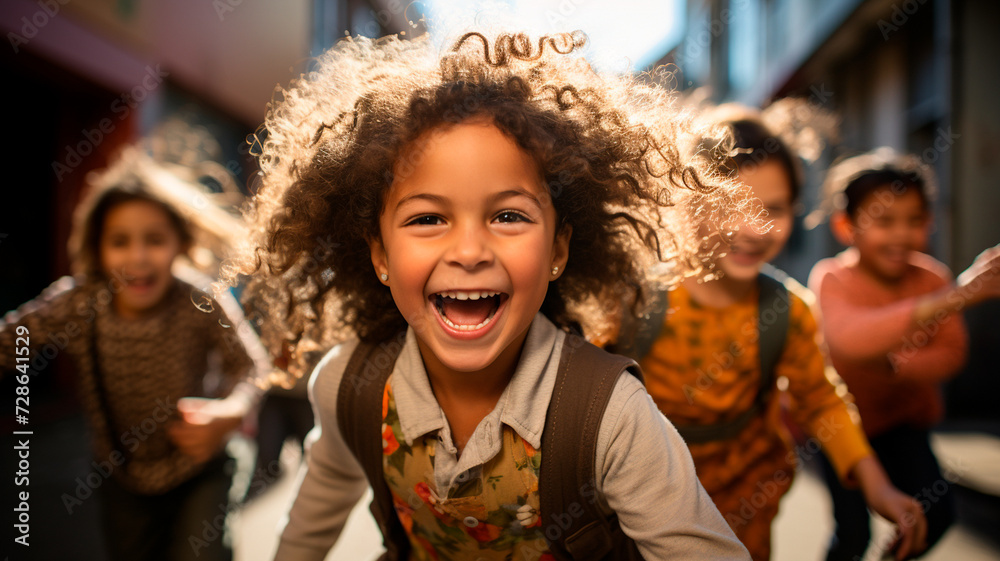 una imagen que representa a un grupo de niños diversos, alegres y felices que se divierten al aire libre en el patio de un colegio. - obrazy, fototapety, plakaty 