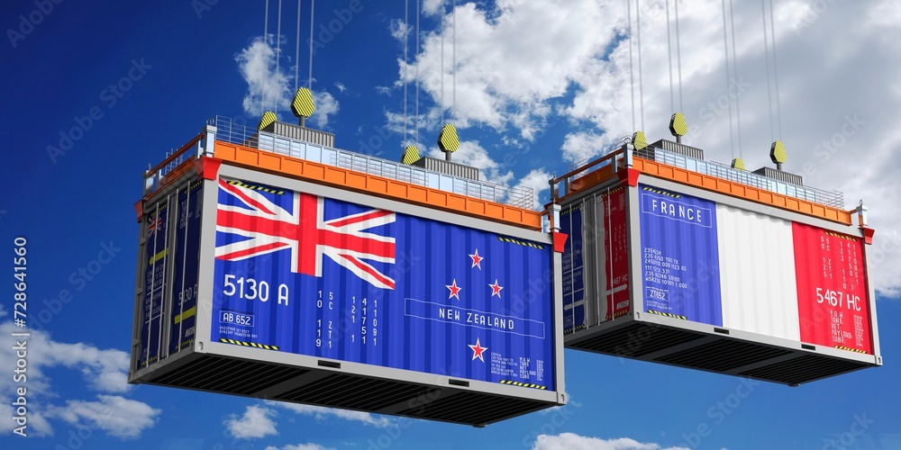 Shipping containers with flags of New Zealand and France - 3D illustration Shipping containers with flags of New Zealand and France - 3D illustration