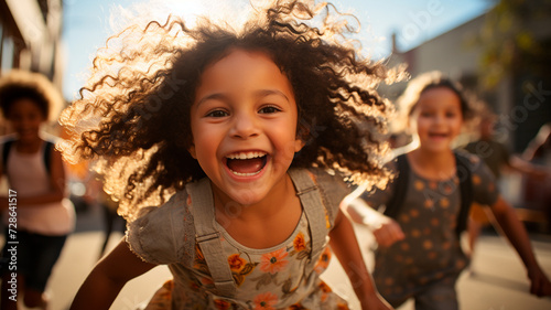 una imagen que representa a un grupo de niños diversos, alegres y felices que se divierten al aire libre en el patio de un colegio. photo