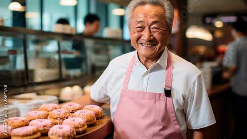 una imagen que muestra a un hombre asiático maduro sonriente posando en una tienda de donuts, haciendo contacto visual directo con la cámara.