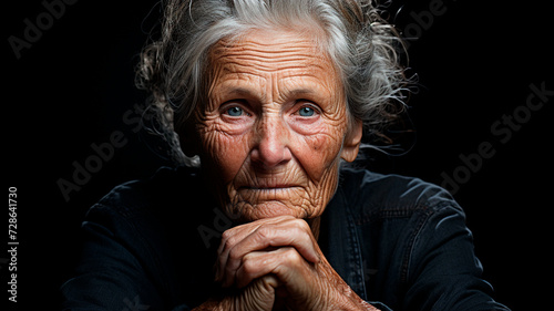 una imagen que represente a una mujer muy anciana con expresión entristecida, mirando hacia otro lado y con la mano en la cara. 