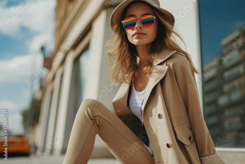 A stylish woman confidently stands on a busy street, her long hair blowing in the wind as she sports a fashionable hat, sunglasses, and coat, perfectly complementing the cityscape behind her photo