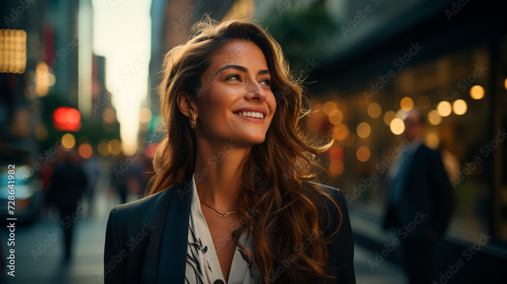Imagen de una mujer de negocios hispana, feliz, rica y con éxito, de pie en una calle de una ciudad moderna rodeada de rascacielos durante la puesta de sol. Imagen de una mujer de negocios hispana, feliz, rica y con éxito, de pie en una calle de una ciudad moderna rodeada de rascacielos durante la puesta de sol.