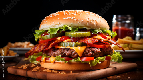 una imagen que muestra una deliciosa hamburguesa con queso y bacon sobre un fondo blanco y limpio, iluminado por la luz natural.