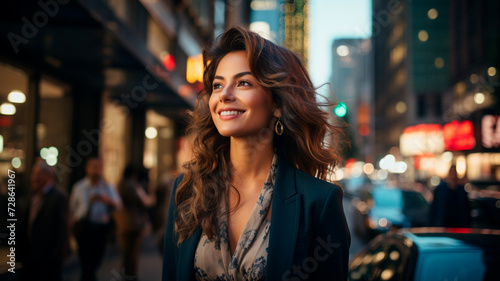 Imagen de una mujer de negocios hispana, feliz, rica y con éxito, de pie en una calle de una ciudad moderna rodeada de rascacielos durante la puesta de sol. photo
