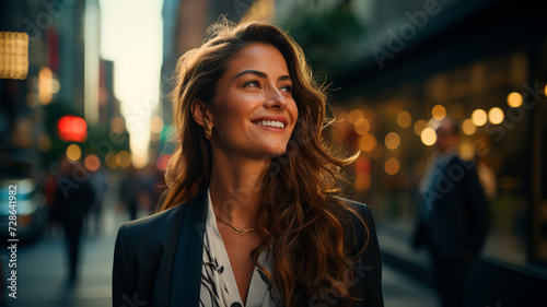 Imagen de una mujer de negocios hispana, feliz, rica y con éxito, de pie en una calle de una ciudad moderna rodeada de rascacielos durante la puesta de sol. photo