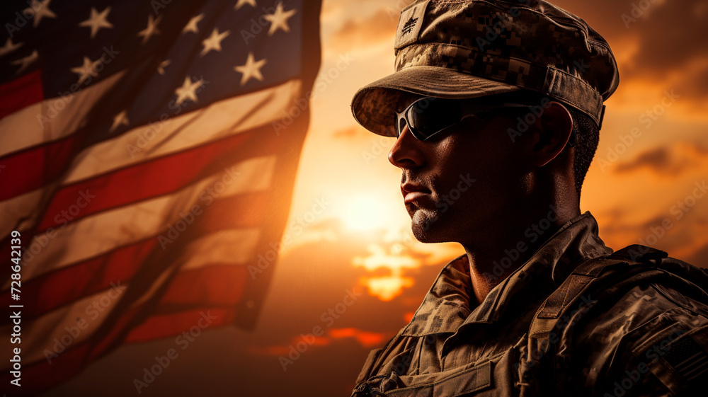 una imagen en la que aparezca un soldado de pie, orgulloso, delante de la bandera de EE.UU. sobre un fondo al amanecer. La escena debe evocar un sentimiento de patriotismo, una imagen en la que aparezca un soldado de pie, orgulloso, delante de la bandera de EE.UU. sobre un fondo al amanecer. La escena debe evocar un sentimiento de patriotismo,