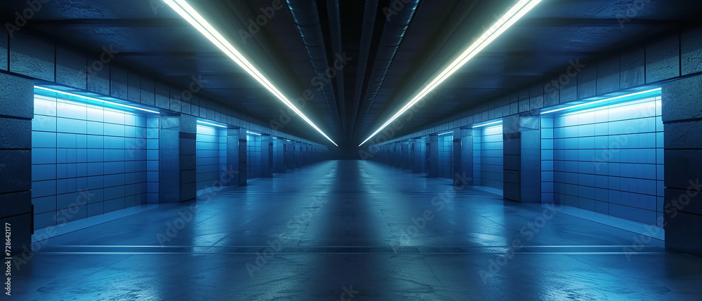 A long tunnel with blue lights along the walls and a dark background.. Empty underground background with blue lighting. A long tunnel with blue lights along the walls and a dark background.. Empty underground background with blue lighting.