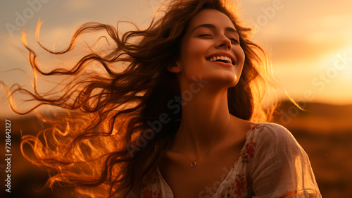 una imagen que retrata a contraluz a una mujer tranquila y feliz con los ojos cerrados, viviendo un momento sereno de la vida. photo