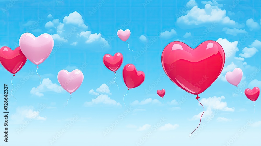 A skyward view of heart-shaped balloons soaring into the blue sky, symbolizing love, celebration, and joyous occasions.