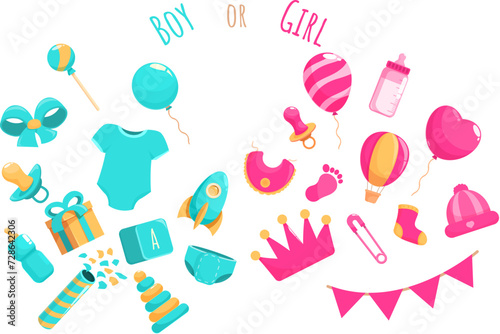 Announcement newborn gender icons set cartoon vector. Baby boy. Party reveal gender