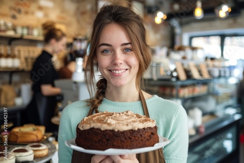 A cheerful woman proudly displays her freshly baked birthday cake  adorned with sugary icing and dressed in a cute bakery outfit  as she shares the sweetness of her delicious creation with a smile
