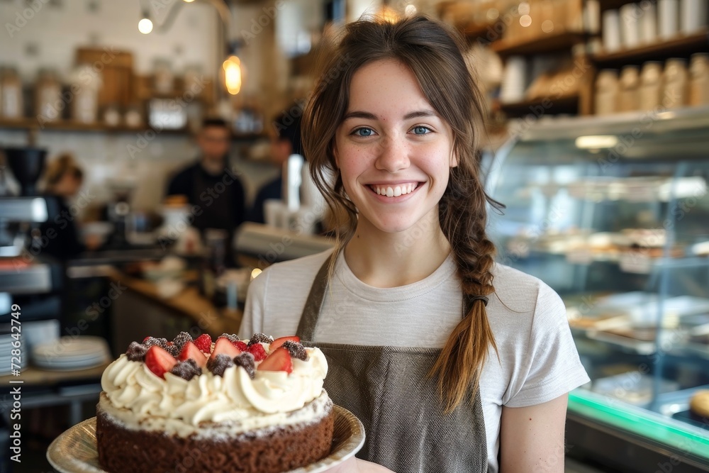 A joyful woman proudly displays her beautifully decorated birthday cake, showcasing her baking skills and love for sweet treats, as she stands in a cozy bakery surrounded by delectable pastries and a