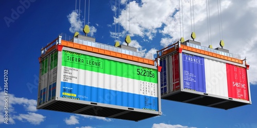 Shipping containers with flags of Sierra Leone and France - 3D illustration