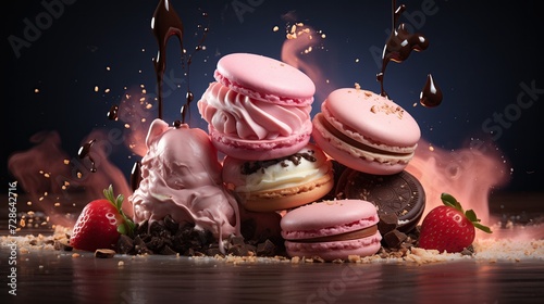Pink macarons with creamy filling, surrounded by strawberries and chocolate, indulgence personified