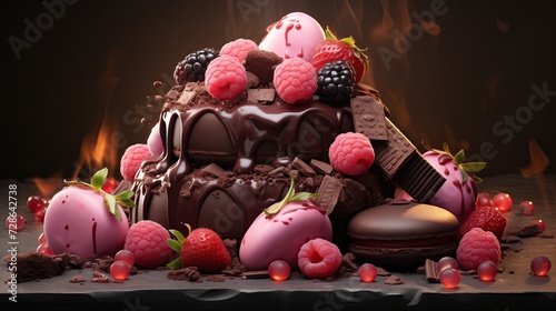 A luxurious chocolate dessert adorned with fresh berries and a fiery backdrop, symbolizing passion.