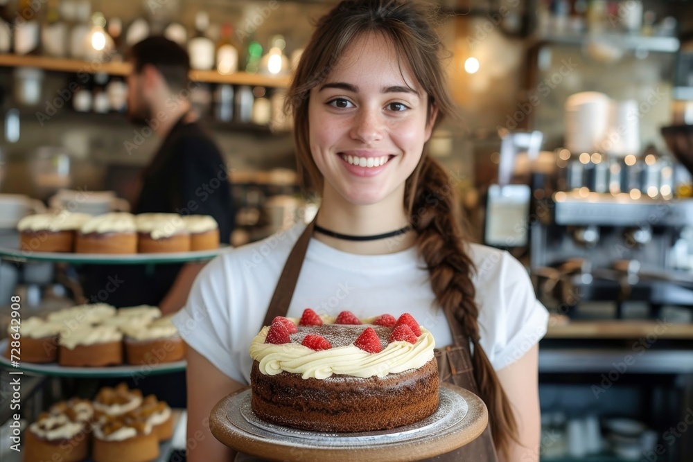 A woman in a bakery shop carefully decorates a birthday cake with sweet buttercream icing, creating a mouthwatering pastry masterpiece