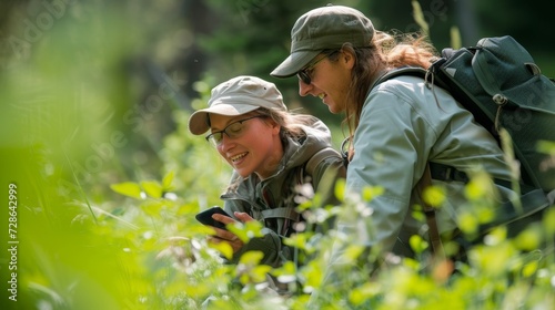 Two nature explorers smiling while using a smartphone to study flora in a lush green forest.