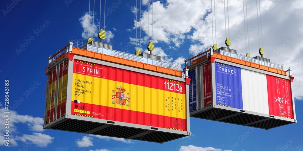 Shipping containers with flags of Spain and France - 3D illustration