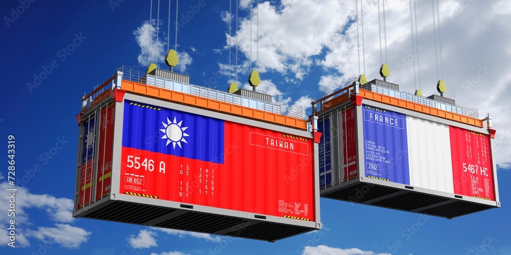 Shipping containers with flags of Taiwan and France - 3D illustration