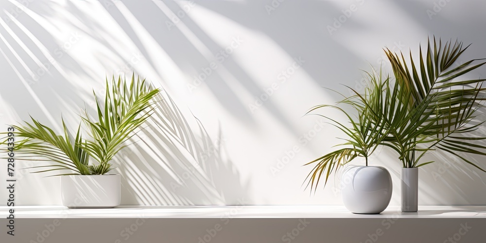 White table with sunlight, palm shadows, podium, vase, leaf plants for cosmetic design and background text