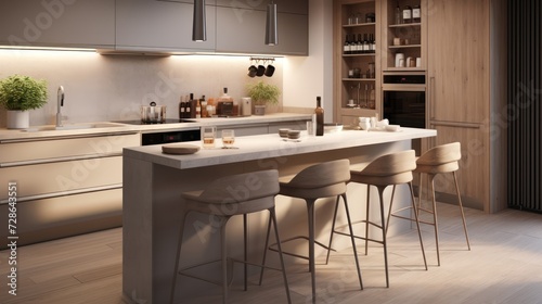 Small modern kitchen with bar in apartment, real estates