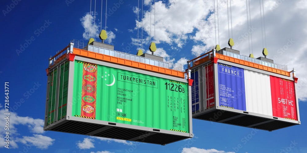 Shipping containers with flags of Turkmenistan and France - 3D illustration