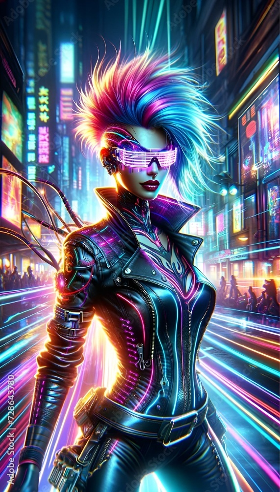 cyber girl with hair dyed and neon lights, on the side of a street