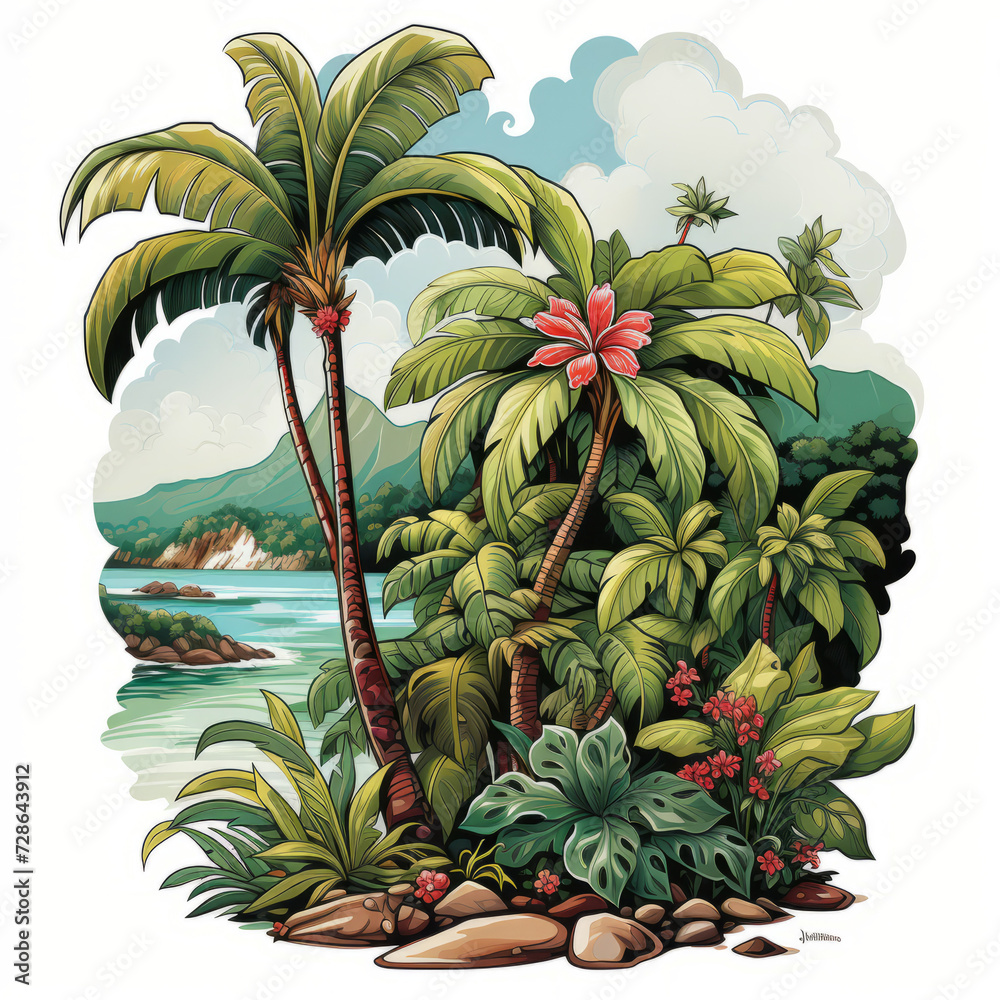 Obraz premium Tropical Island Scenery with Lush Vegetation and Ocean View