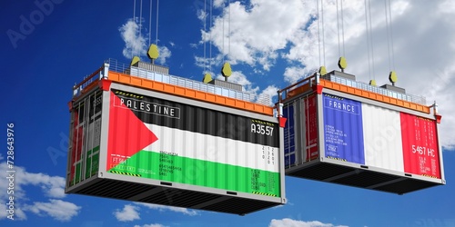 Shipping containers with flags of Palestine and France - 3D illustration