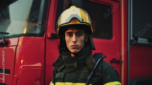 Portrait of a Serious Firefighter in Front of a Fire Engine