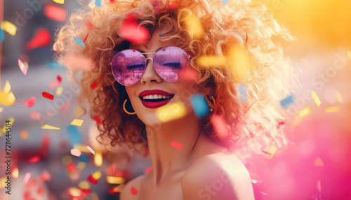 Woman in sunglasses and curly hair on confetti background ,concept carnival