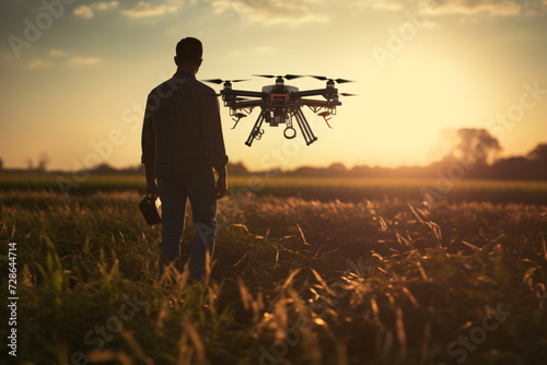 man flying drone at sunset in field