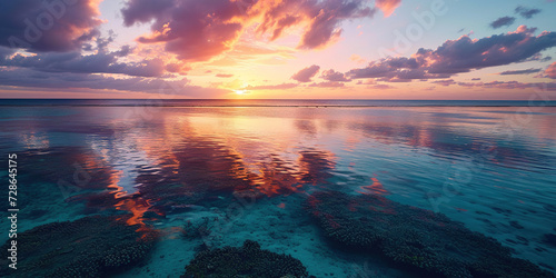 Great Barrier Reef on the coast of Queensland, Australia seascape. Coral sea marine ecosystem wallpaper background at sunset, with an orange purple sky in the evening golden hour