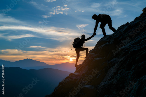 Wallpaper Mural Silhouette of couple hiking help each other silhouette in mountains with sunlight Torontodigital.ca