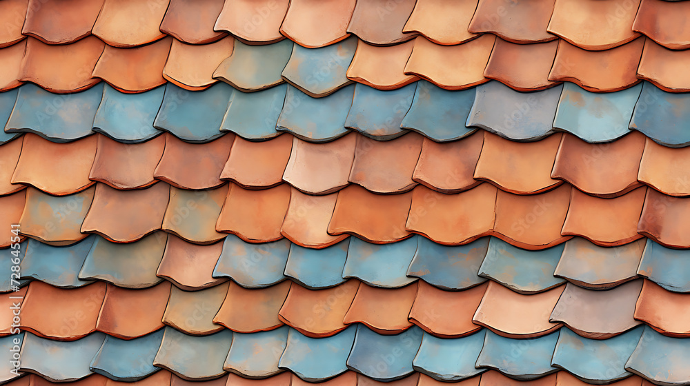 A traditional tile roof adorns a charming cottage, each clay tile perfectly aligned - Seamless tile. Endless and repeat print.