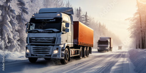 Commercial freight trucks driving through a snow-covered forest road under a bright winter sky, illustrating transportation during the snowy season