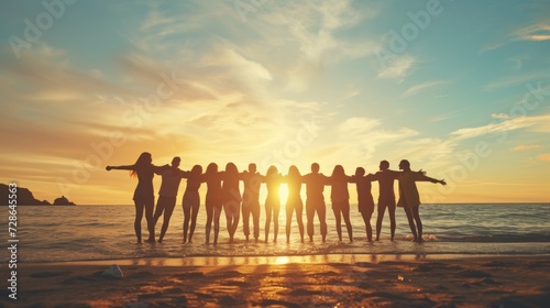 Diverse friends forming a circle of unity  with the sea and horizon as backdrop.