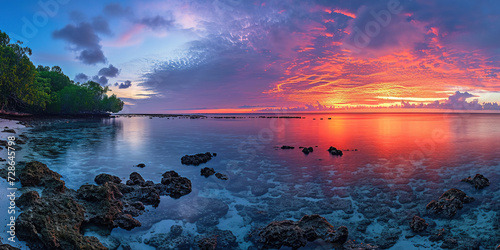 Calm Sea sunset landscape. Purple, pink, orange fiery golden hour evening sky in the horizon. Mindfulness, meditation, calmness, serenity, relaxation concept wallpaper background